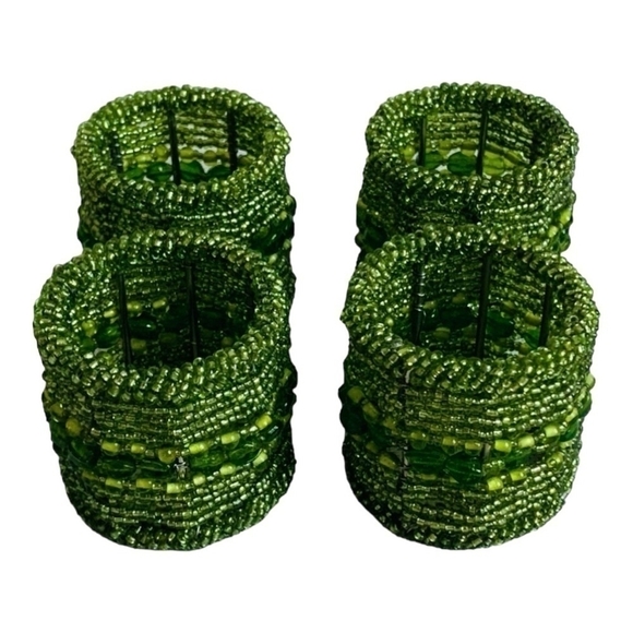 Vintage Set of 4 Green Handmade Micro Beaded Napkin Rings Moroccan Napkin Rings - Picture 4 of 6
